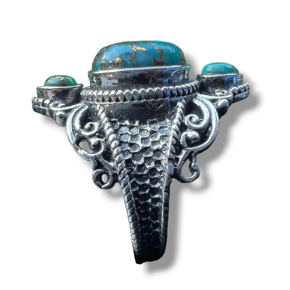 Vintage Blue Copper Turquoise Statement Ring – Size 8 - Sterling Silver Plated